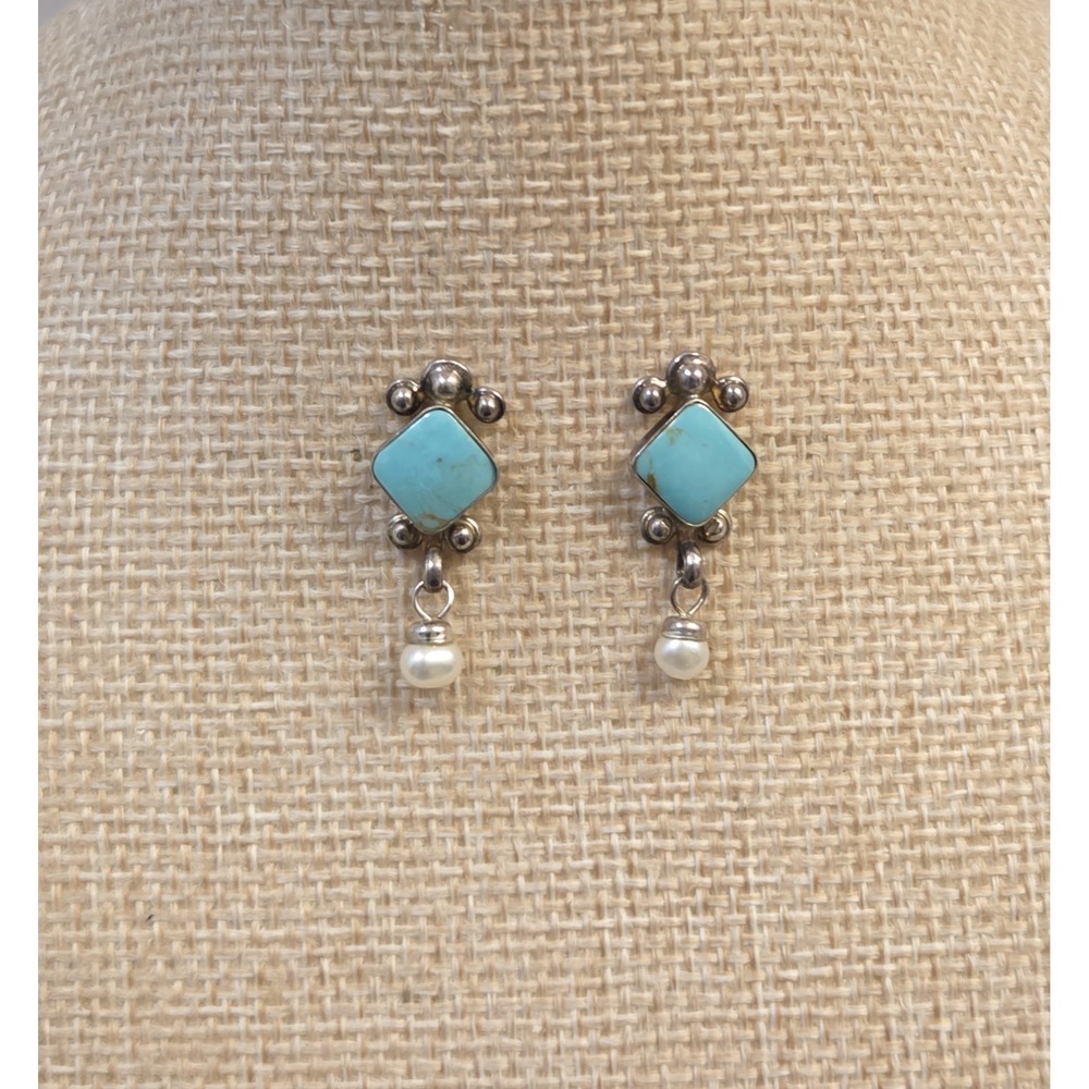 Signed Quoc Turquoise Navajo Sterling Silver Turquoise Pearl Dangle Earrings